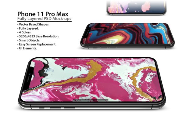 超高清分辨率iPhone Pro Max手机屏幕预览样机模板 Phone 11 Pro Layered PSD Mock-ups