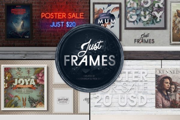 实体墙背景海报艺术作品展示样机模板 Just Frames &#8211; Prints Mockups