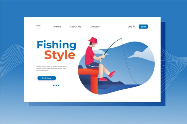 垂钓钓鱼钓具主题业务着陆页模板 Fishing Style Landing Page Illustration