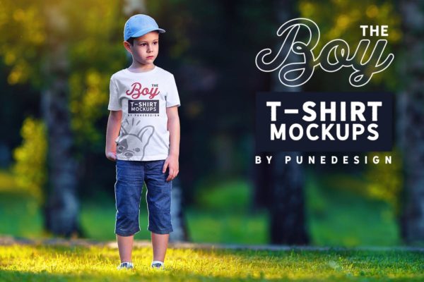 男童T恤胸前印花图案设计预览样机模板v2 Boy T-Shirt Mock-Up Set 2