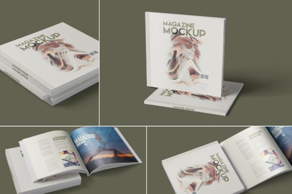 方形杂志印刷效果图样机普贤居精选PSD模板 Square Magazine Mockup Set