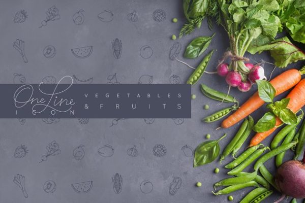 手绘钢笔线条风格水果蔬菜图标 One Line Vegetables &amp; Fruit