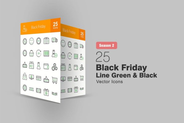25枚黑色星期五主题绿黑色线性聚图网精选图标 25 Black Friday Line Green &amp; Black Icons