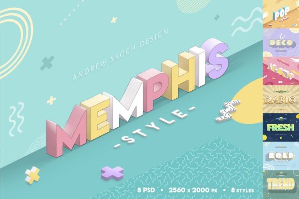 3D孟菲斯风格海报标题字体PS图层样式 Memphis Style &#8211; Text Effects
