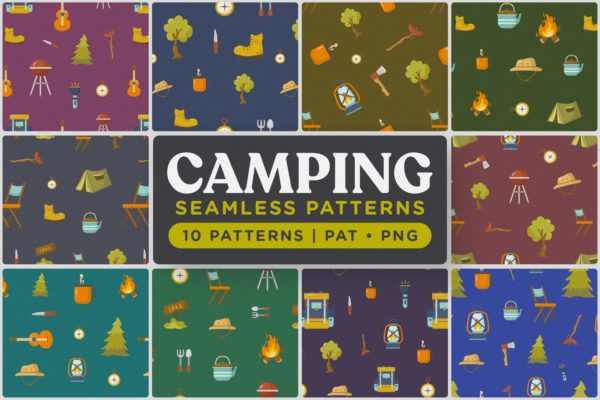 户外露营图案无缝背景素材 Outdoor Camping Seamless Patterns