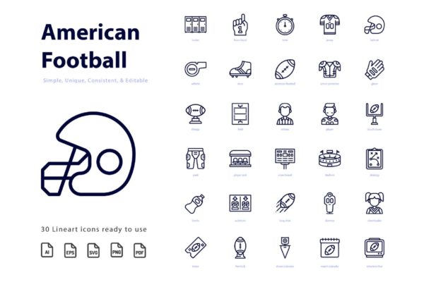 体育运动-美式足球橄榄球主题线性图标 American Football (Line)