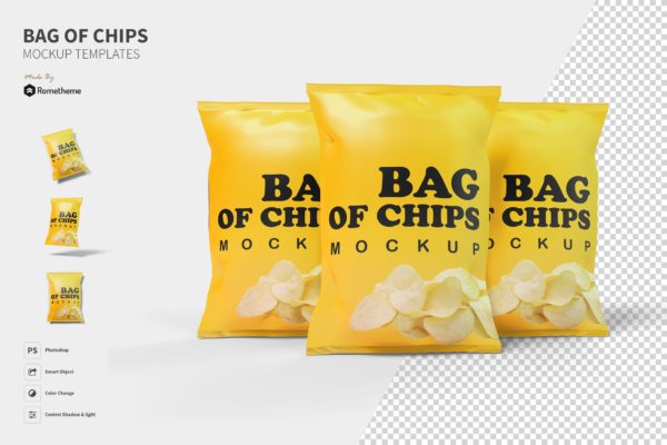 薯片膨化食品包装袋设计素材中国精选模板 Bag of Chips &#8211; Mockup FH