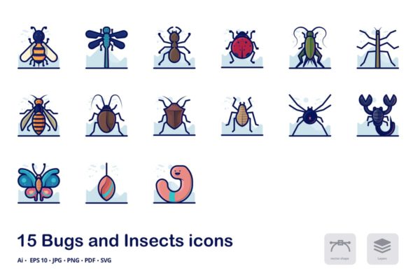 臭虫&amp;昆虫细节填充轮廓线形图标 Bugs and Insects detailed filled outline icons