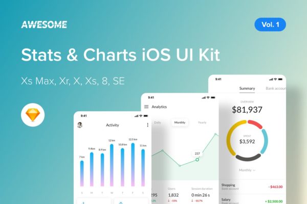 iOS手机数据统计类APP应用UI界面设计SKETCH素材v1 Awesome iOS UI Kit &#8211; Stats, Charts Vol. 1 (Sketch)