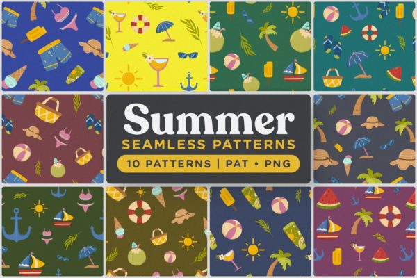夏日缤纷元素手绘图案无缝背景素材 Playful Summer Seamless Patterns