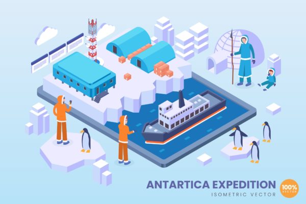 南极探险队主题等距矢量16设计网精选科技概念插画 Isometric Antartica Expedition Vector Concept