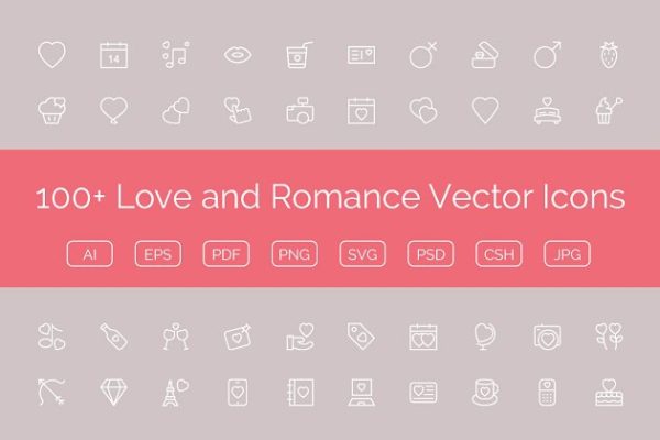 100+爱情和浪漫主题矢量图标 100+ Love and Romance Vector Icons