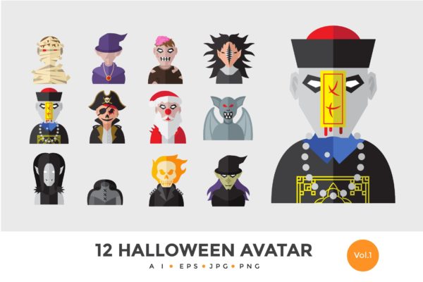 12枚万圣节恐怖怪物头像矢量图标v1 12 Halloween Monster Avatar Vector Illustration 1