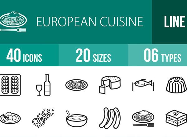 欧洲美食主题线框图标集 European Cuisine Line Icons