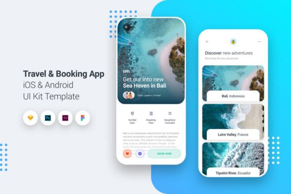 旅行&amp;酒店预订APP设计套件素材 Travel &amp; Booking App iOS &amp; Android UI Kit Template