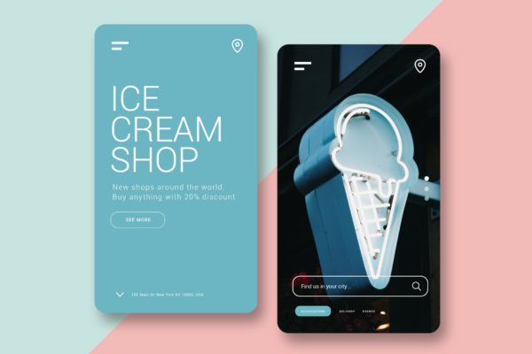 雪糕店/甜品品牌官网H5网站设计16设计网精选模板 Ice Cream Shop &#8211; Mobile UI Kit