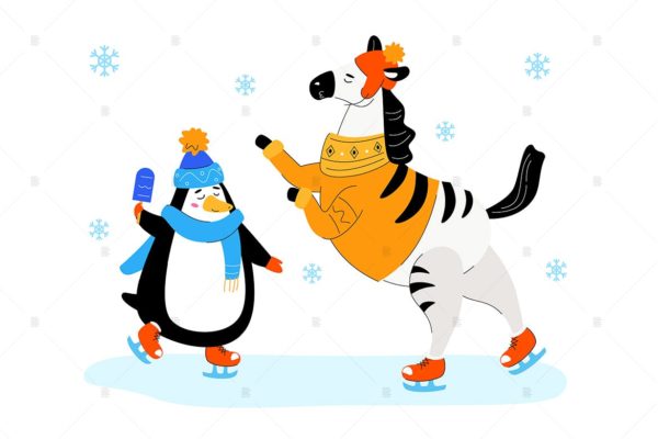 滑冰的斑马和企鹅扁平化矢量插画素材 Zebra and penguin skating &#8211; flat illustration
