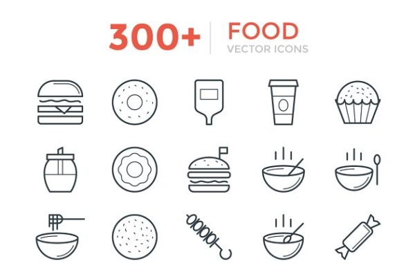 300+极简黑色线条快餐食物图标 300+ Food Vector Icons