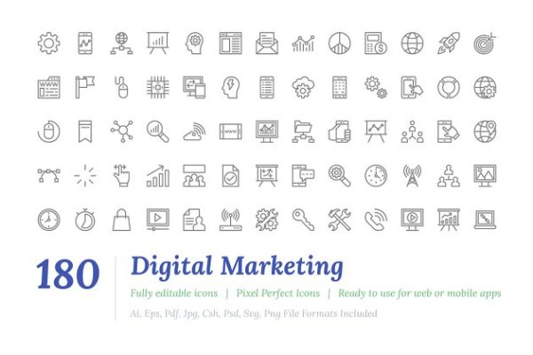 180枚数字营销线条图标 180 Digital Marketing Line Icons