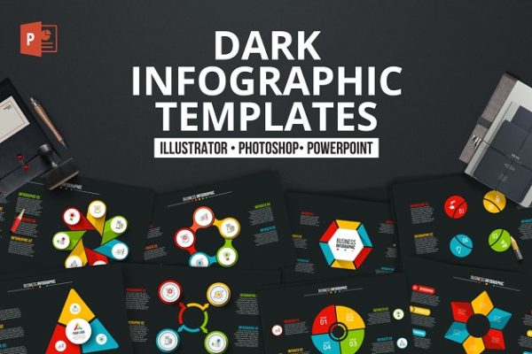 酷黑背景数据演示信息图表幻灯片模板素材 Dark infographics templates