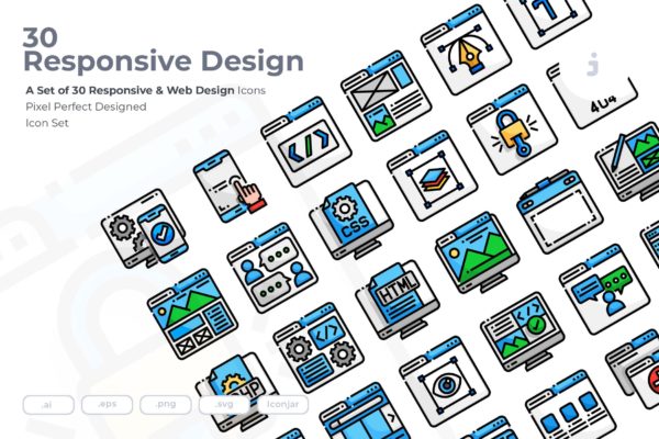 30枚彩色响应式网站设计矢量16图库精选图标 30 Responsive &amp; Web Design Icons