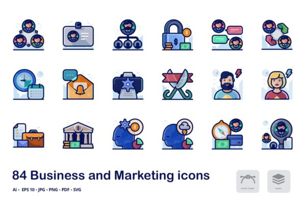 商业和市场营销主题多彩线形图标 Business and marketing detailed filled line icons