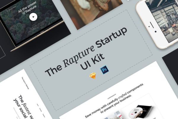 着陆页 UI 套件合集[Sketch&amp;PS] The Rapture Startup UI Kit