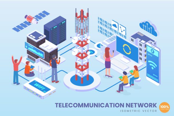 电信网络技术等距矢量科技16设计网精选概念插画v2 Isometric Telecommunication Network Vector Concept