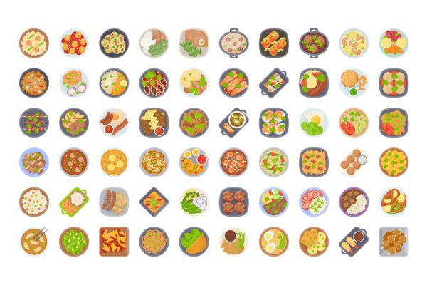 60枚食物菜肴元素扁平化图标 60 Food Dishes Flat Icons