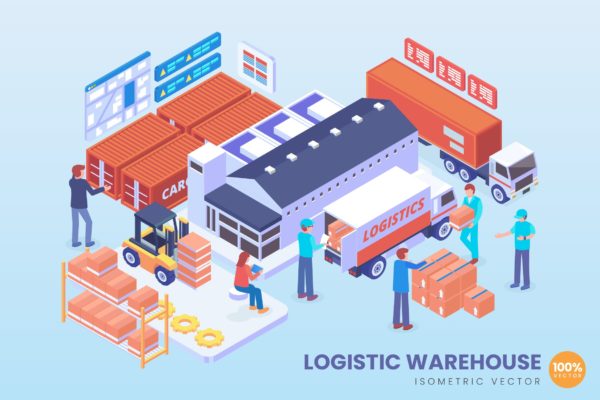 物流仓库系统等距矢量概念插画素材 Isometric Logistic Warehouse System Vector Concept
