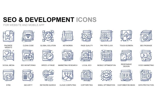 SEO优化&amp;网站开发主题细线图标素材 Seo and Development Thin Line Icons
