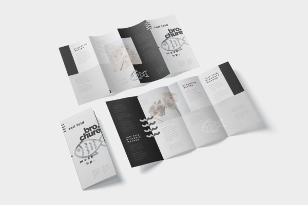 折叠设计风格企业传单/宣传册设计样机普贤居精选 Roll-Fold Brochure Mockup &#8211; DL DIN Lang Size
