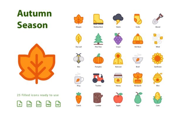 秋天季节主题填充图标矢量图标素材v1 Autumn First Season (Filled)