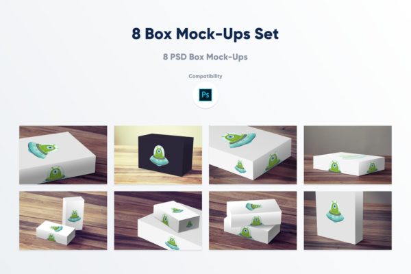 8个不同视角的产品包装盒样机模板 8 Box Mock-ups