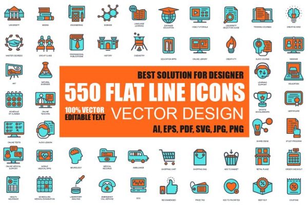 550枚扁平风格线条网站设计图标 Flat Line Web Icons