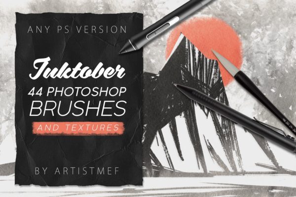 44种墨水笔画笔图形图案PS笔刷 Inktober 2019 Photoshop Brushes