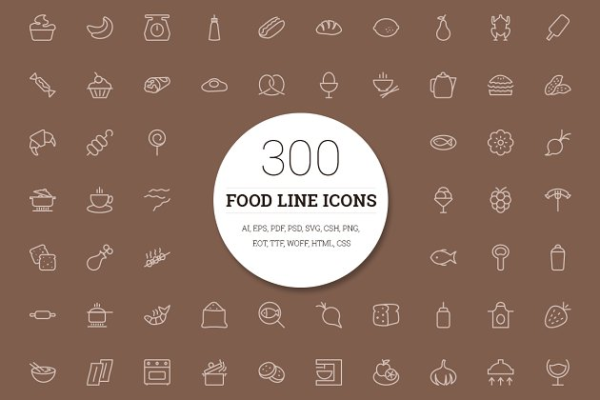 300枚食物主题线条图标 300 Food Line Icons