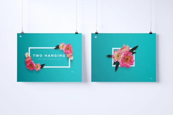 Twins悬挂海报设计效果图画框样机模板素材 Two 3:2 landscape hanging posters mockup