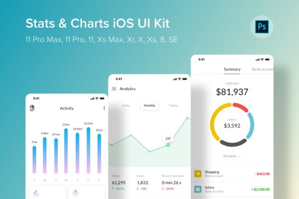 iOS平台数据统计信息图表界面UI设计素材中国精选套件PSD模板 Stats &amp; Charts iOS UI Kit (Photoshop)