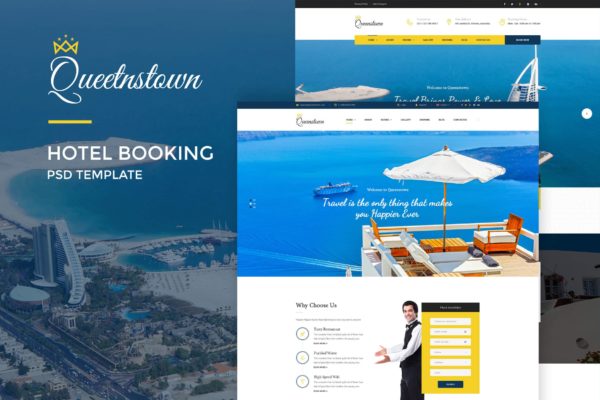 品牌酒店预订网站设计PSD模板 QueensTown : Hotel Booking PSD Template