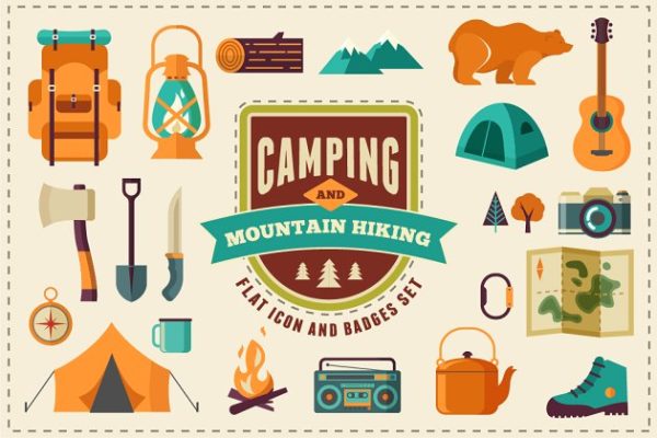 露营和徒步扁平风格矢量图标图形集 Camping &amp; Hiking flat icon set