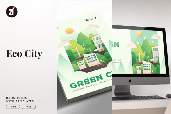 生态城市平面布局矢量概念插画 Eco