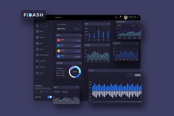 互联网金融平台交易数据统计分析后台UI设计-暗黑背景 FiDASH Finance Dashboard Ui Dark &#8211; P
