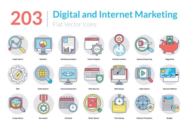 203个彩色数字市场营销图标 203 Digital Marketing Icons