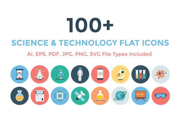 100+自然科学主题扁平化图标 100+ Science &amp; Technology Flat Icons
