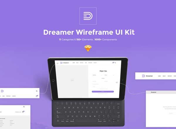 极致的造梦者 Sketch 线框图套件 Dreamer Wireframe Kit（150+元素 &amp; 11大分类）