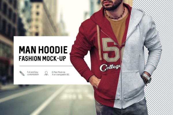 男士拉链卫衣上身效果样机模板 Man Hoodie Fashion Mock-Up
