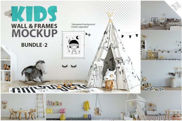 儿童主题卧室墙纸设计&amp;相框样机 Interior KIDS WALL &amp; FRAMES Mockup 2