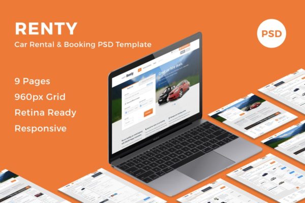 汽车租赁&amp;销售网站设计PSD模板 Renty &#8211; Car Rental &amp; Booking PSD Template