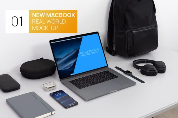 EDC清单15寸MacBook笔记本电脑16图库精选样机模板 New MacBook 15 Touchbar Real World Photo Mock-up